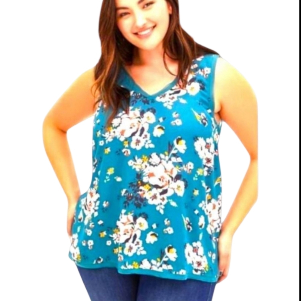 TORRID Teal Floral Georgette Raw Chiffon Trim Tank Top 4X